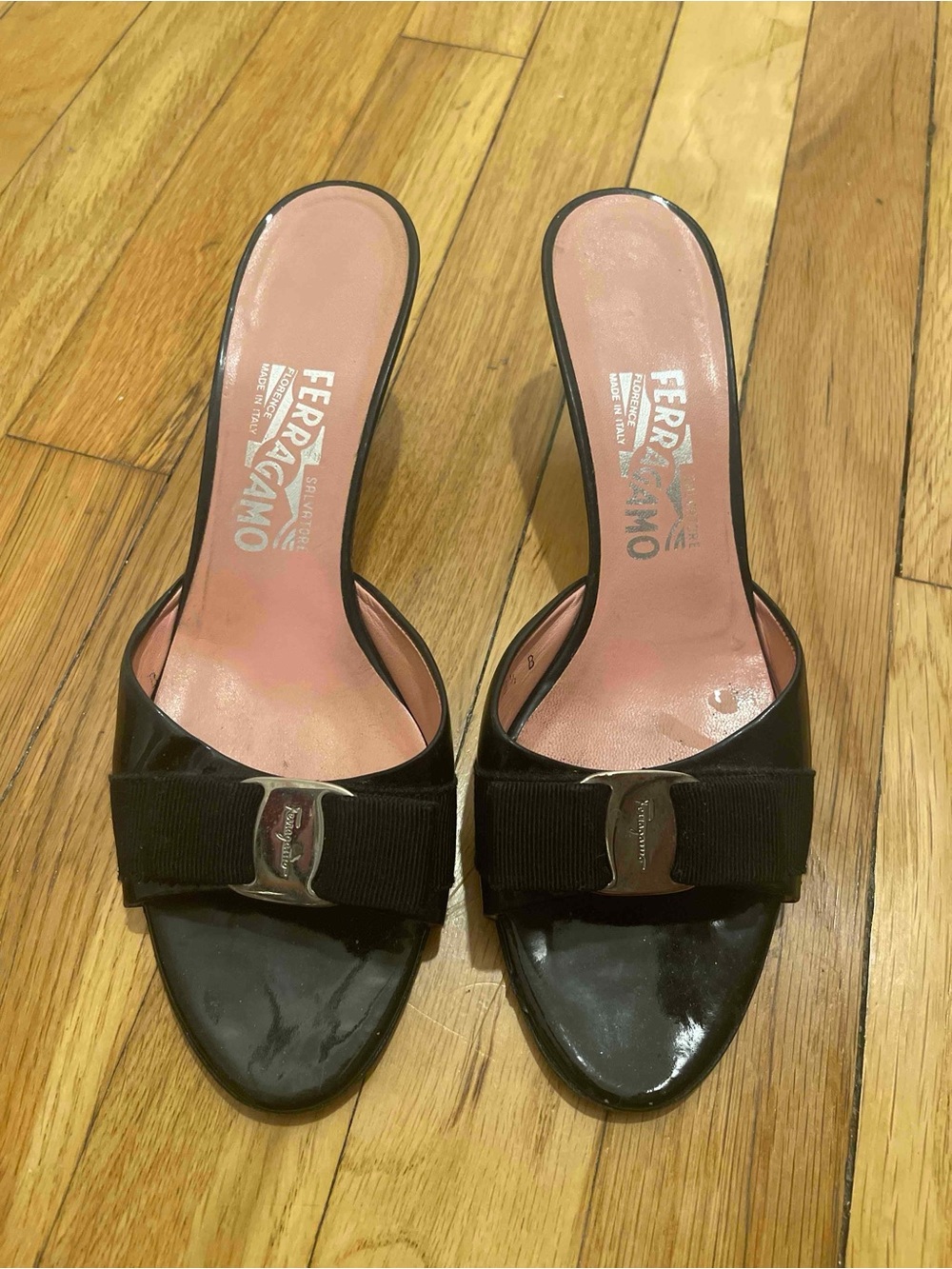 Salvatore Ferragamo Black Patent Vara Bow Slide Mules